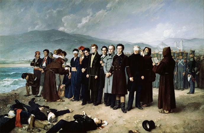 Cuadro  de Antonio Gisbert, El fusilamiento de Torrijos y sus compañeros en la playa de Málaga . Robert Boyd de Londonderry (en el centro, primera fila, pelo rojo y traje negro) (Fuente de la imagen: Museo Nacional del Prado, Madrid.) 